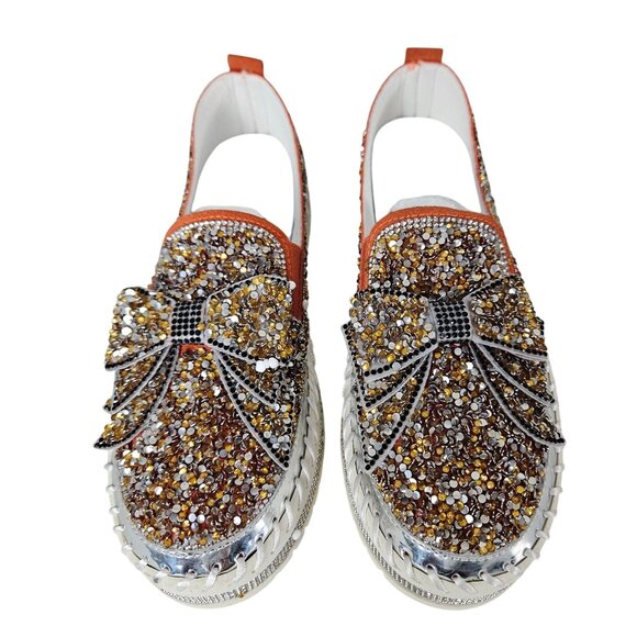 Womens 8.5/39 Rhinestone Bow Platform Sneakers Glitter Walking Slip-On Loafers - Picture 12 of 15